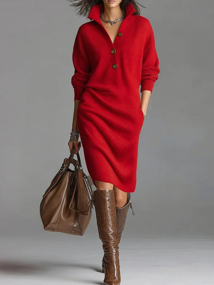 Janey | Dames Midi Jurk met Knopsluiting en Comfortabele Pasvorm