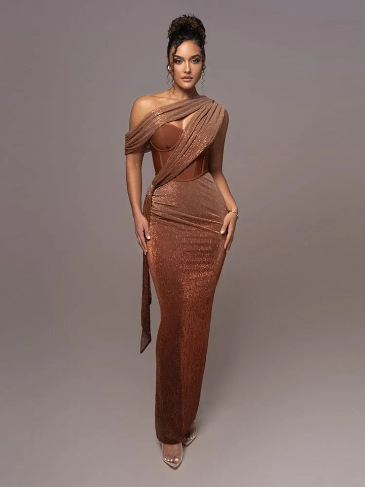 Doortje Getailleerde Maxi Jurk met One-shoulder