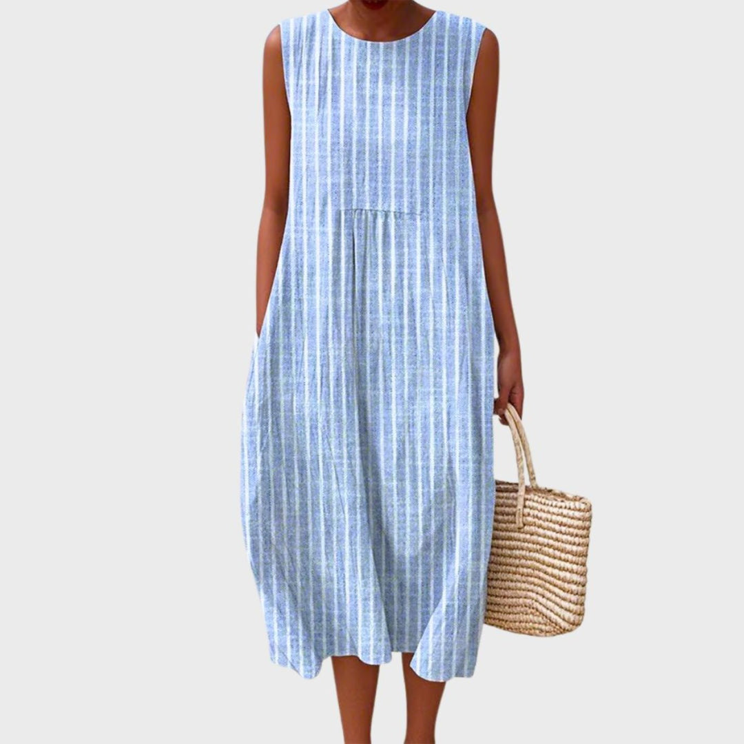 Tina | Dames Linnen Geruit Mouwloze Midi Jurk