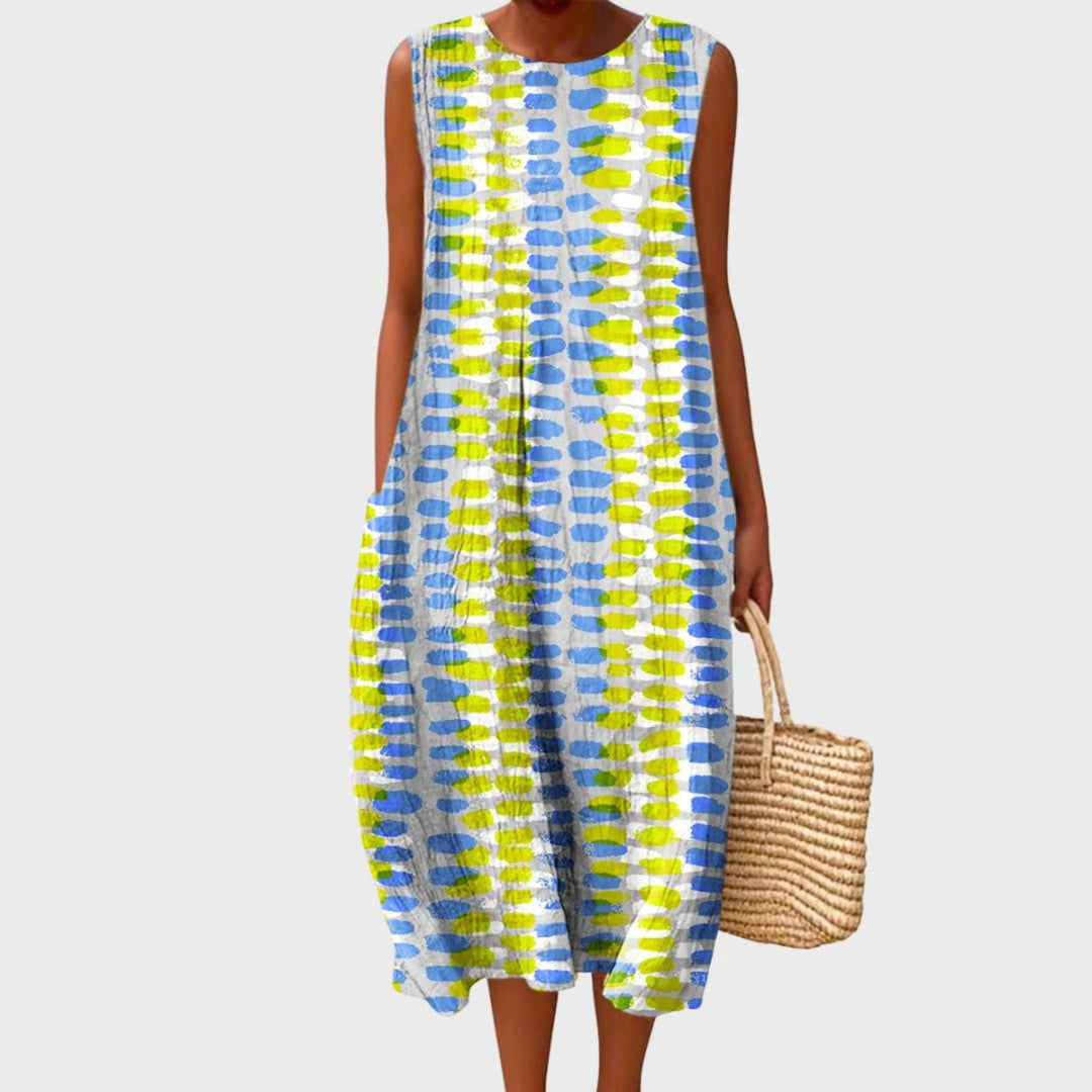 Tina | Dames Linnen Geruit Mouwloze Midi Jurk