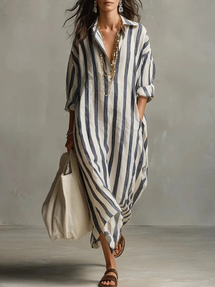 Annie | Dames Oversized Linnen Gestreepte Maxi Blousejurk