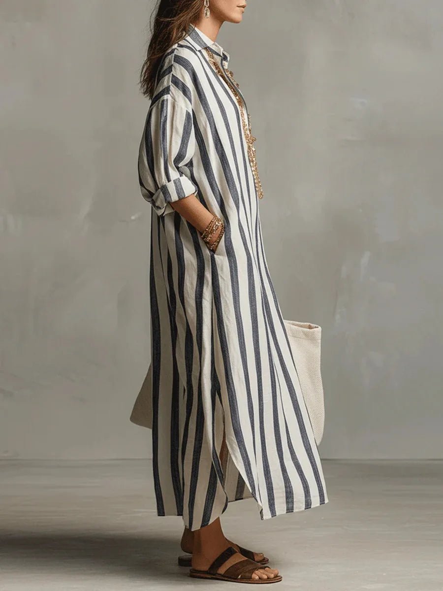 Annie | Dames Oversized Linnen Gestreepte Maxi Blousejurk