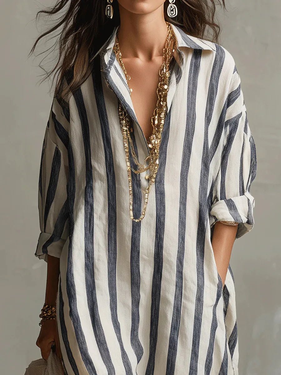 Annie | Dames Oversized Linnen Gestreepte Maxi Blousejurk