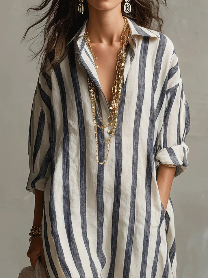 Annie | Dames Oversized Linnen Gestreepte Maxi Blousejurk