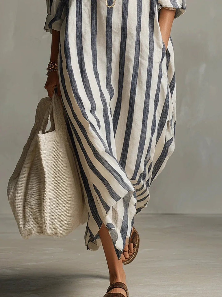 Annie | Dames Oversized Linnen Gestreepte Maxi Blousejurk