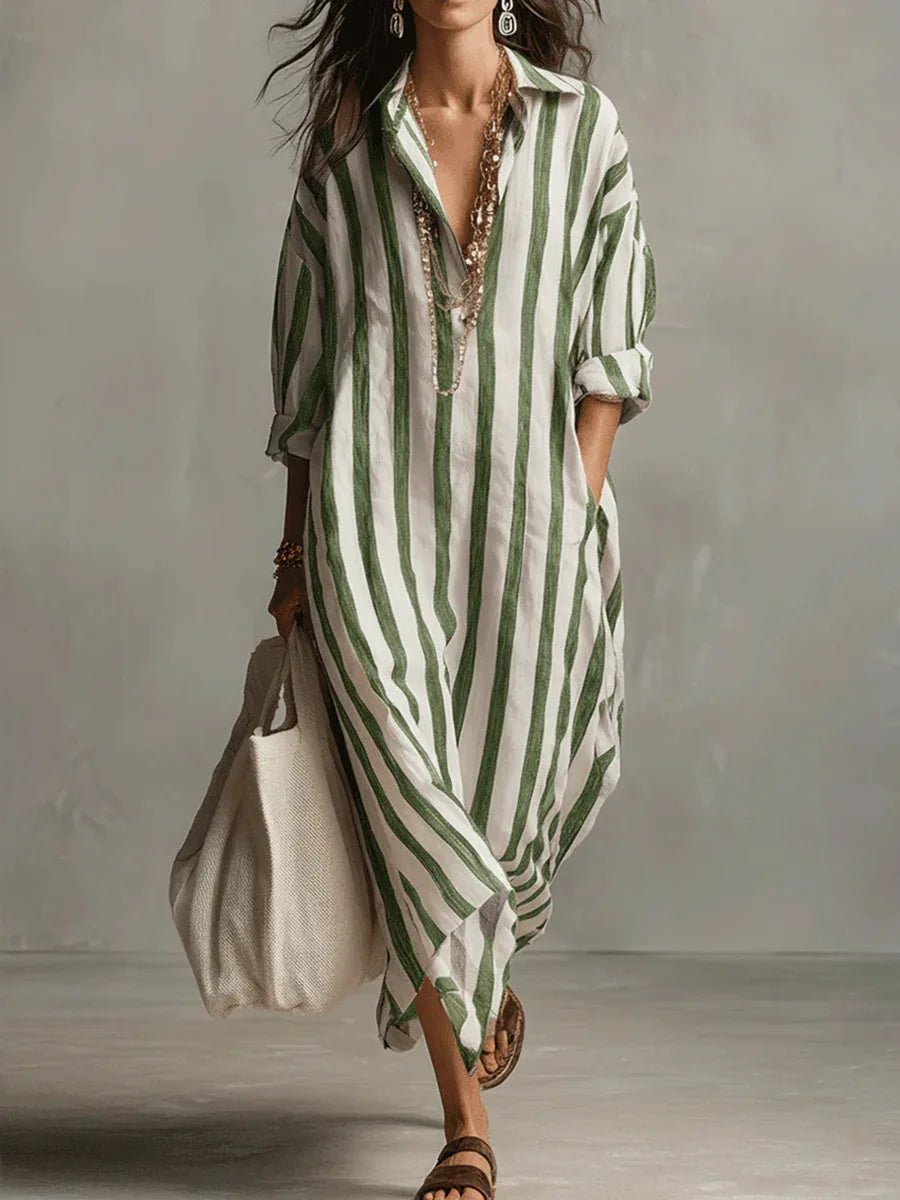 Annie | Dames Oversized Linnen Gestreepte Maxi Blousejurk