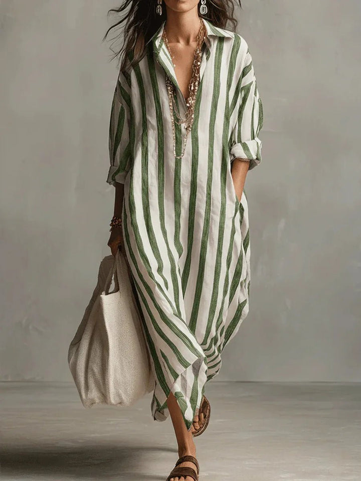 Annie | Dames Oversized Linnen Gestreepte Maxi Blousejurk