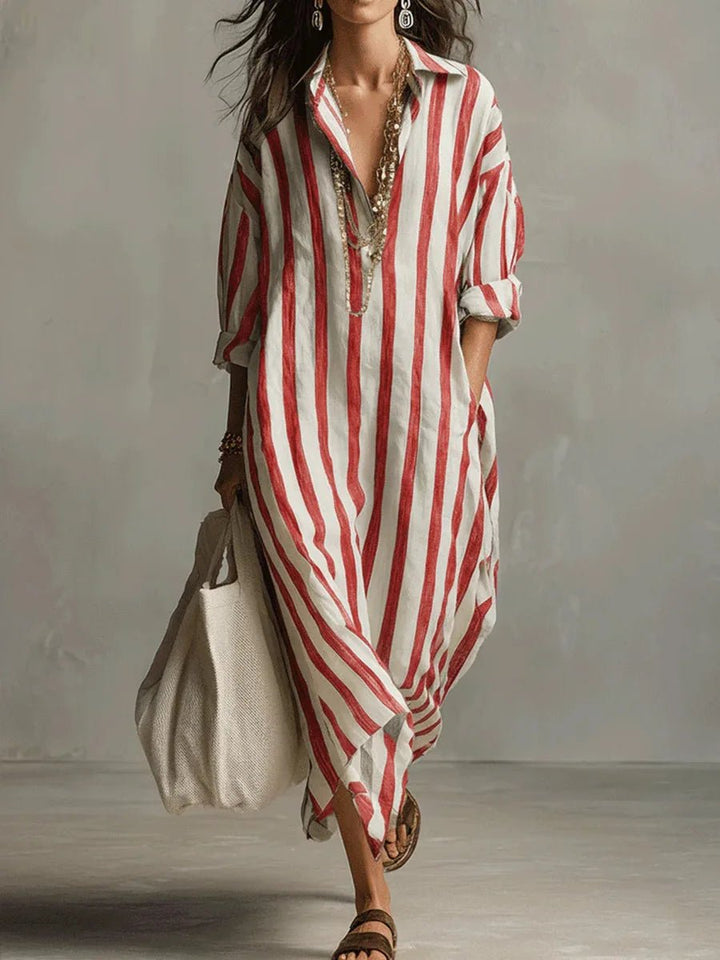 Annie | Dames Oversized Linnen Gestreepte Maxi Blousejurk