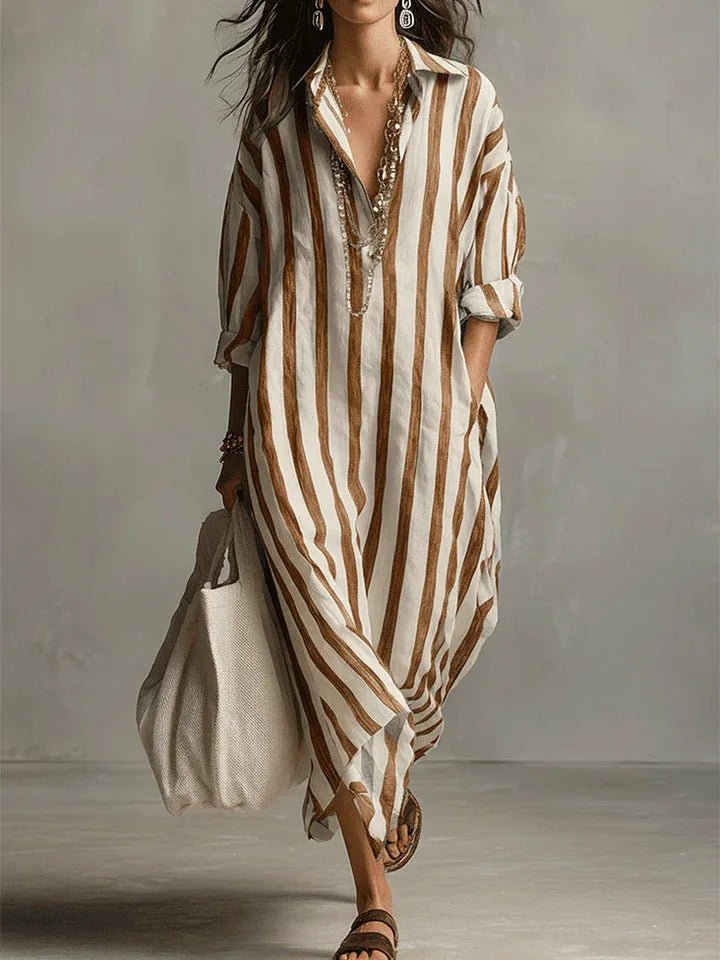Annie | Dames Oversized Linnen Gestreepte Maxi Blousejurk