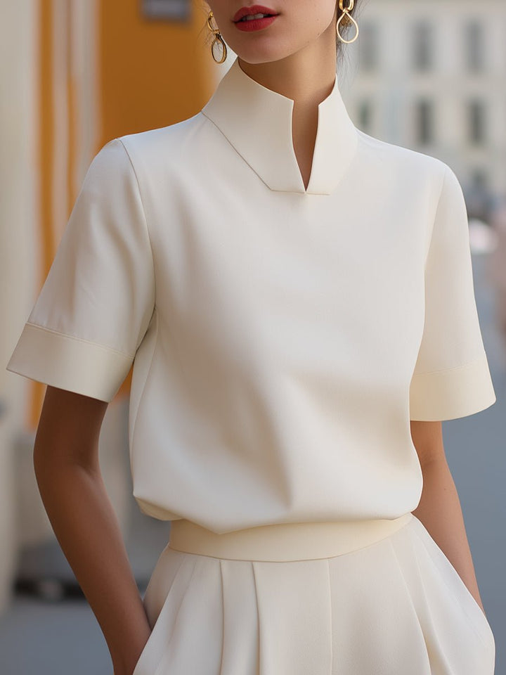 Nina | Dames Staande Kraag Gestructureerde Korte Mouwen Blouse