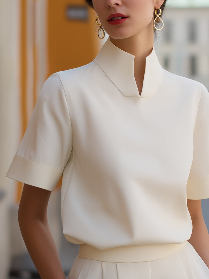 Nina | Dames Staande Kraag Gestructureerde Korte Mouwen Blouse