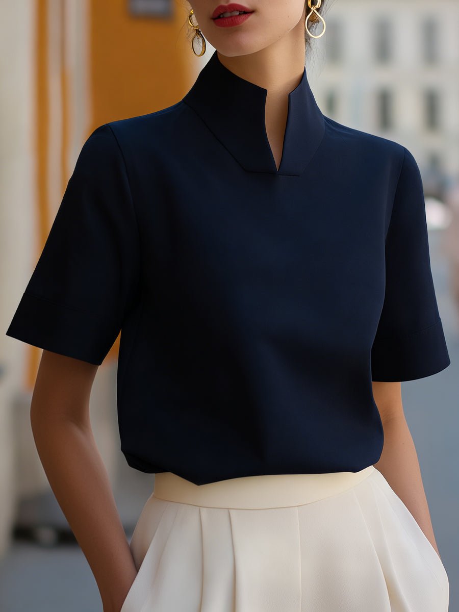 Nina | Dames Staande Kraag Gestructureerde Korte Mouwen Blouse