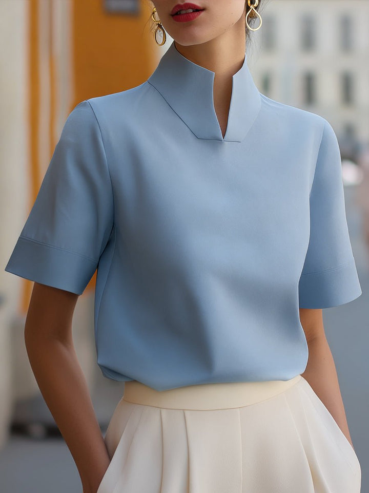 Nina | Dames Staande Kraag Gestructureerde Korte Mouwen Blouse