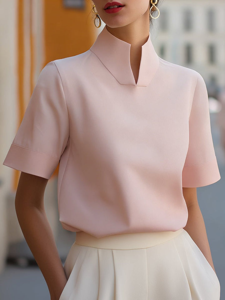 Nina | Dames Staande Kraag Gestructureerde Korte Mouwen Blouse