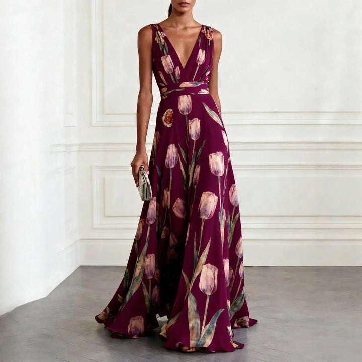 Evelina Getailleerde Maxi Jurk met V-hals