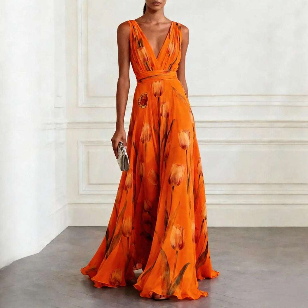 Evelina Getailleerde Maxi Jurk met V-hals