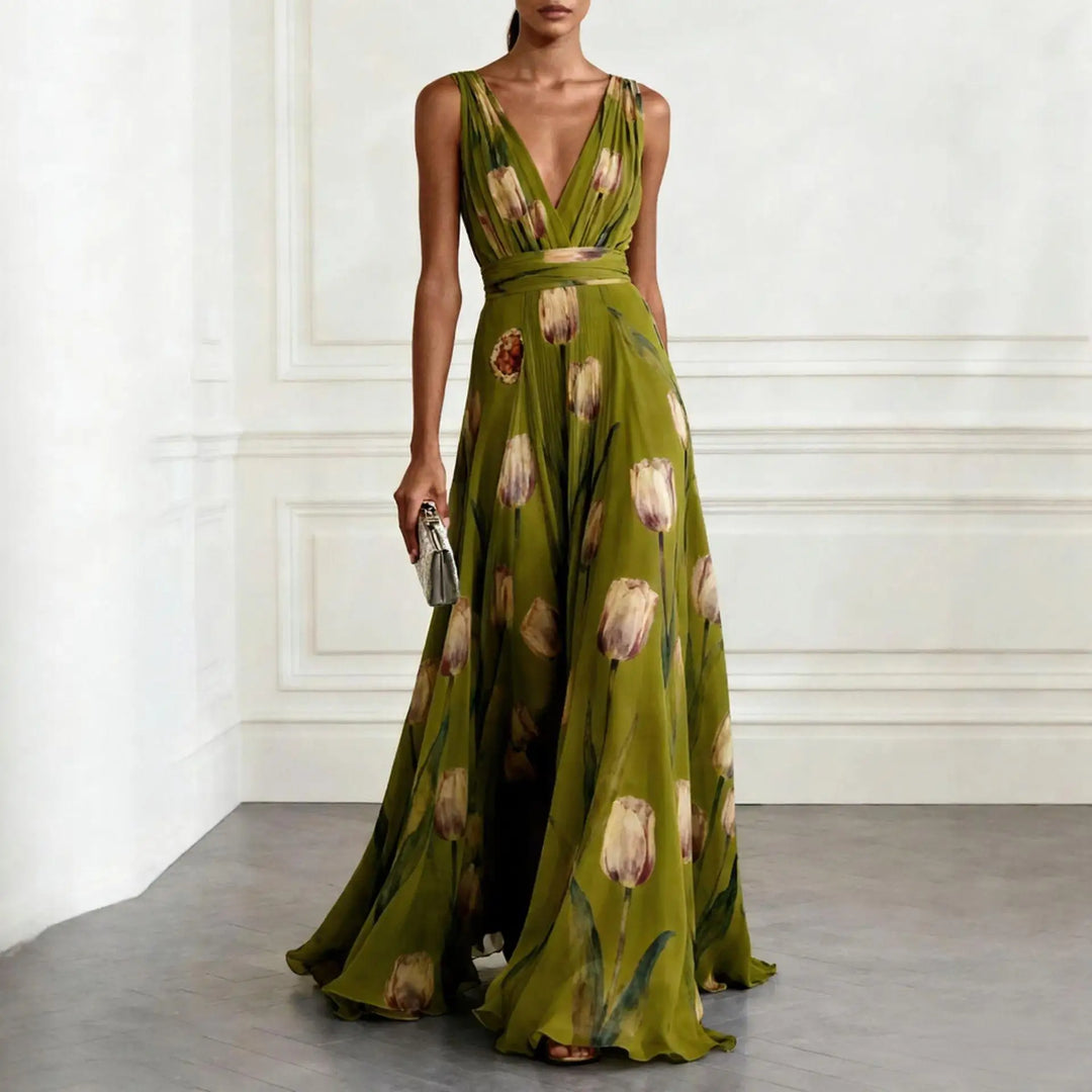 Evelina Getailleerde Maxi Jurk met V-hals