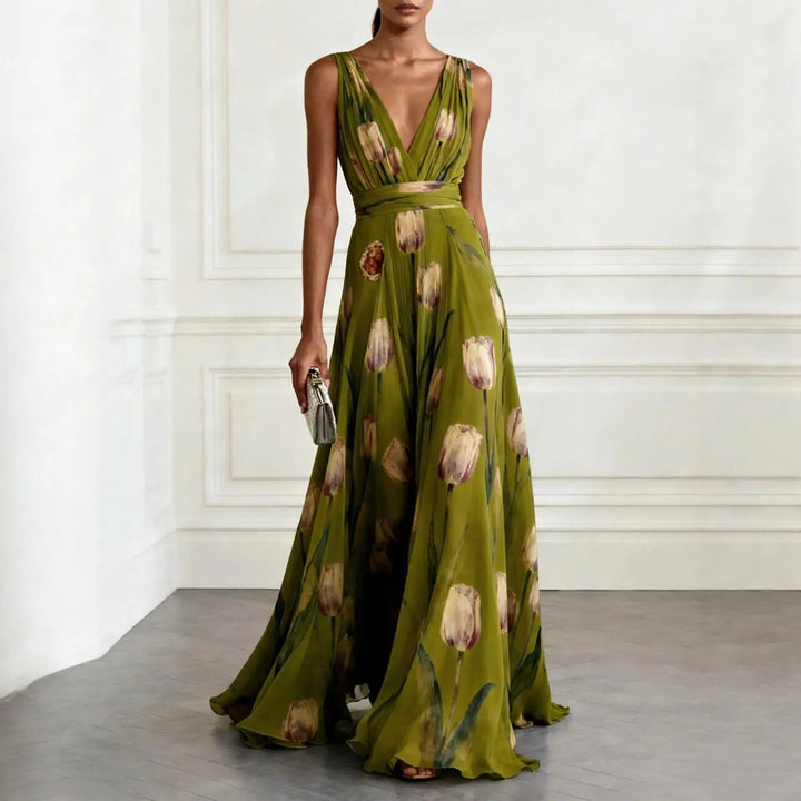Evelina Getailleerde Maxi Jurk met V-hals