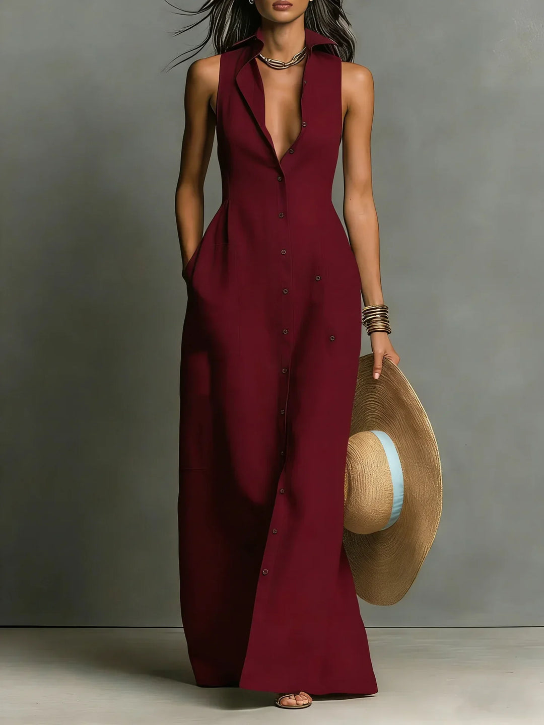 Francine Tijdloze Maxi Jurk met Knoopdetails