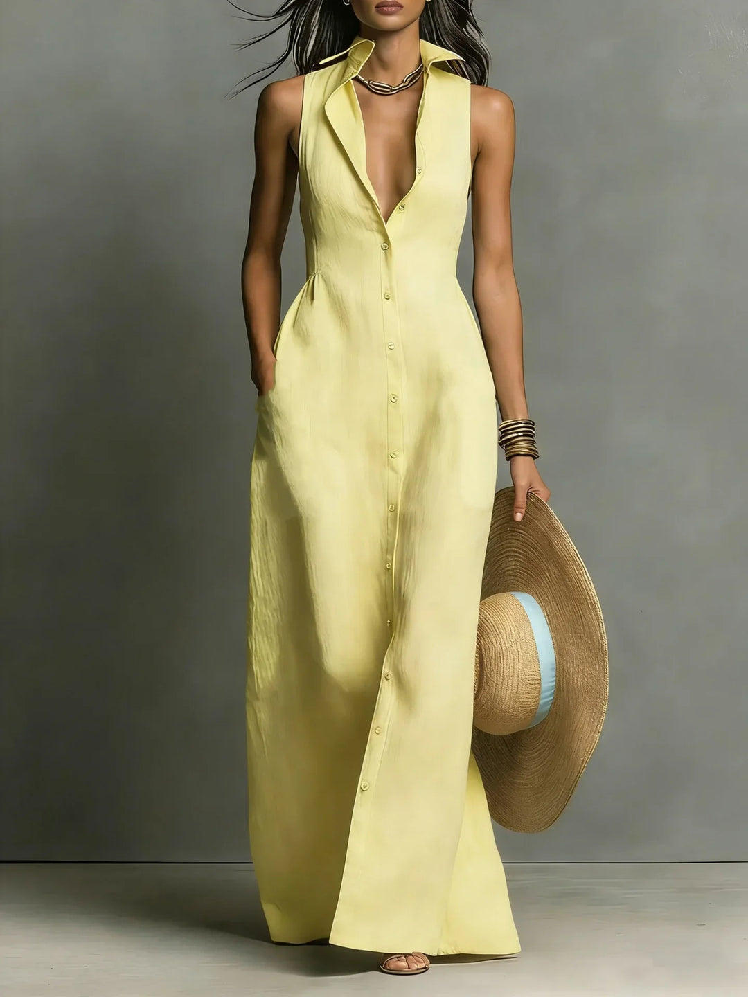 Francine Tijdloze Maxi Jurk met Knoopdetails