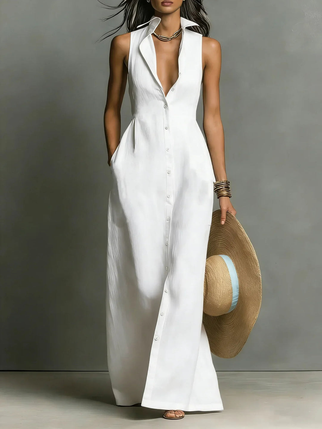 Francine Tijdloze Maxi Jurk met Knoopdetails