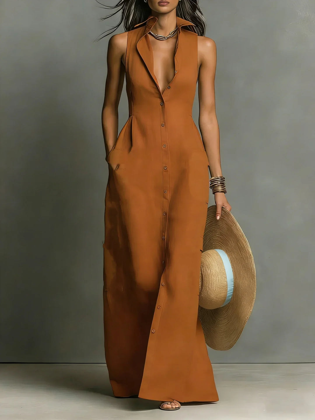 Francine Tijdloze Maxi Jurk met Knoopdetails