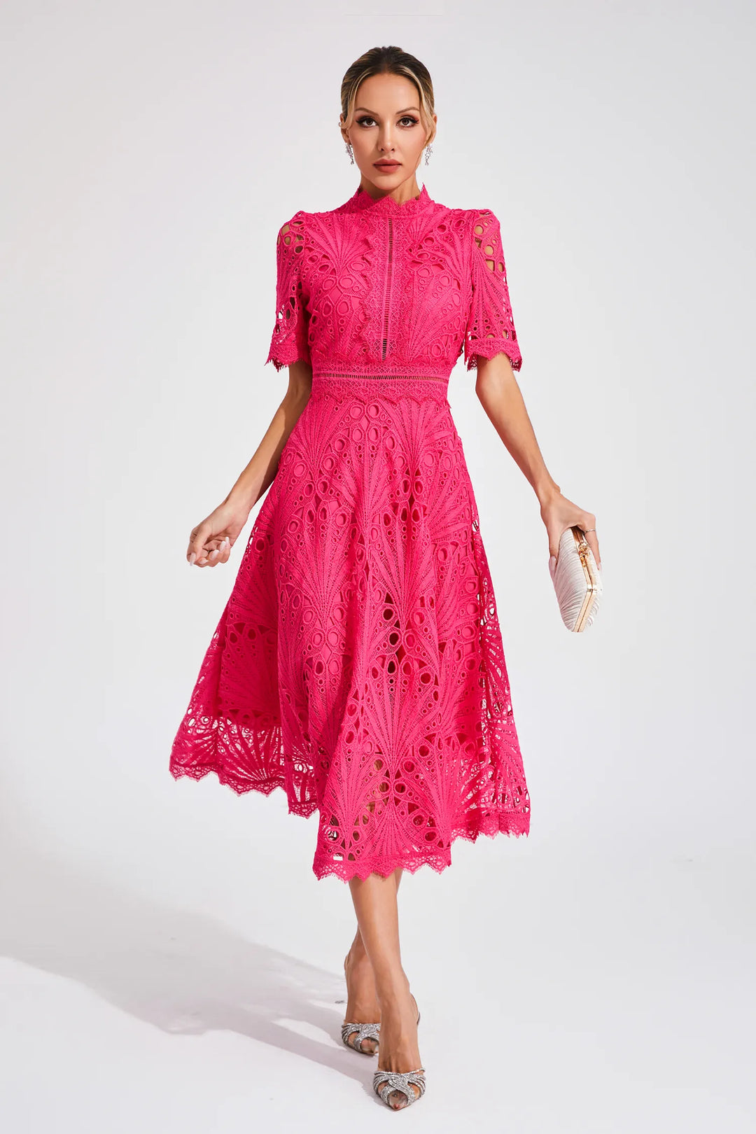 Rosalinda Elegante Midi Jurk met Hoge hals