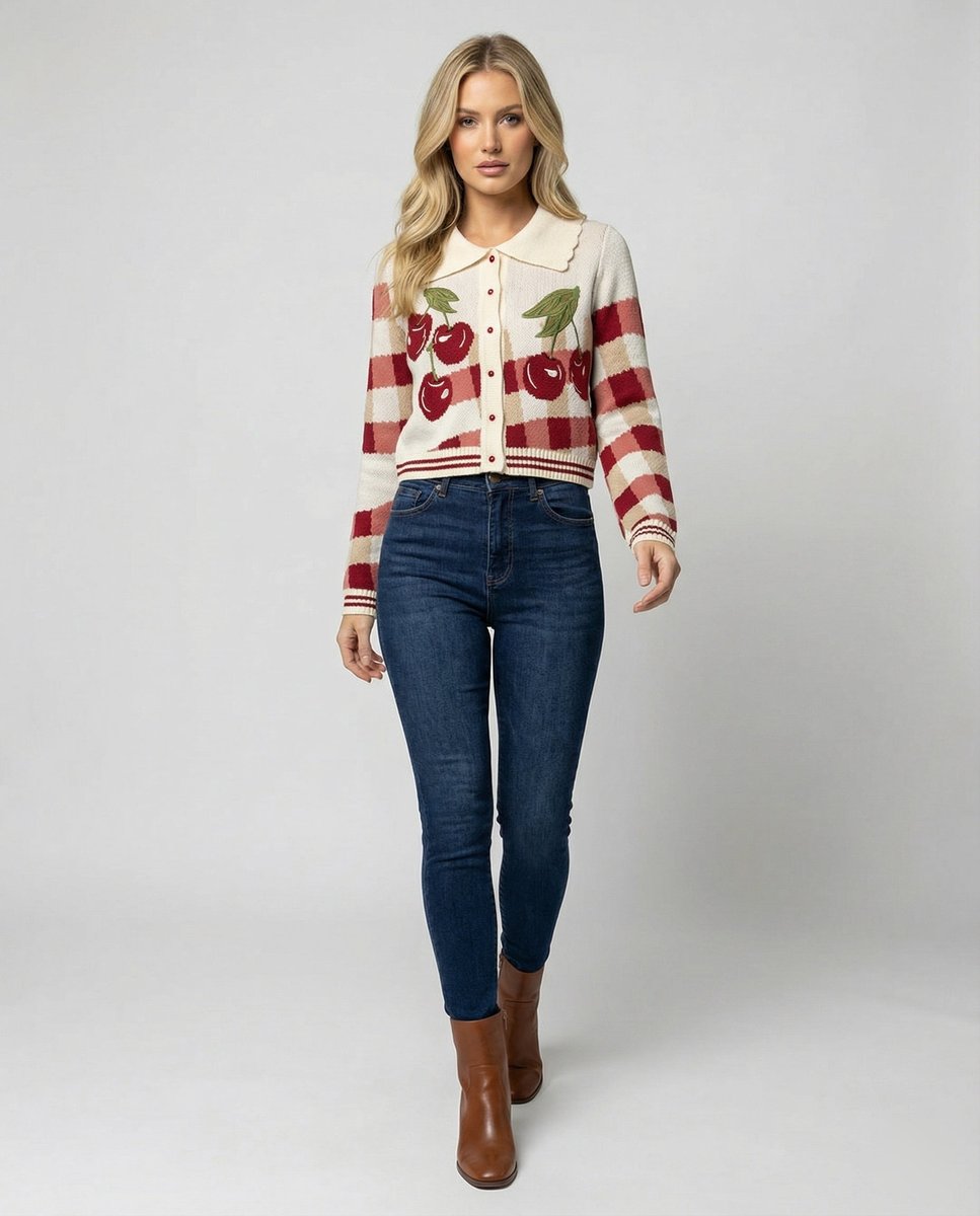 Ella Cropped Gebreide Winterjas met Ruitprint