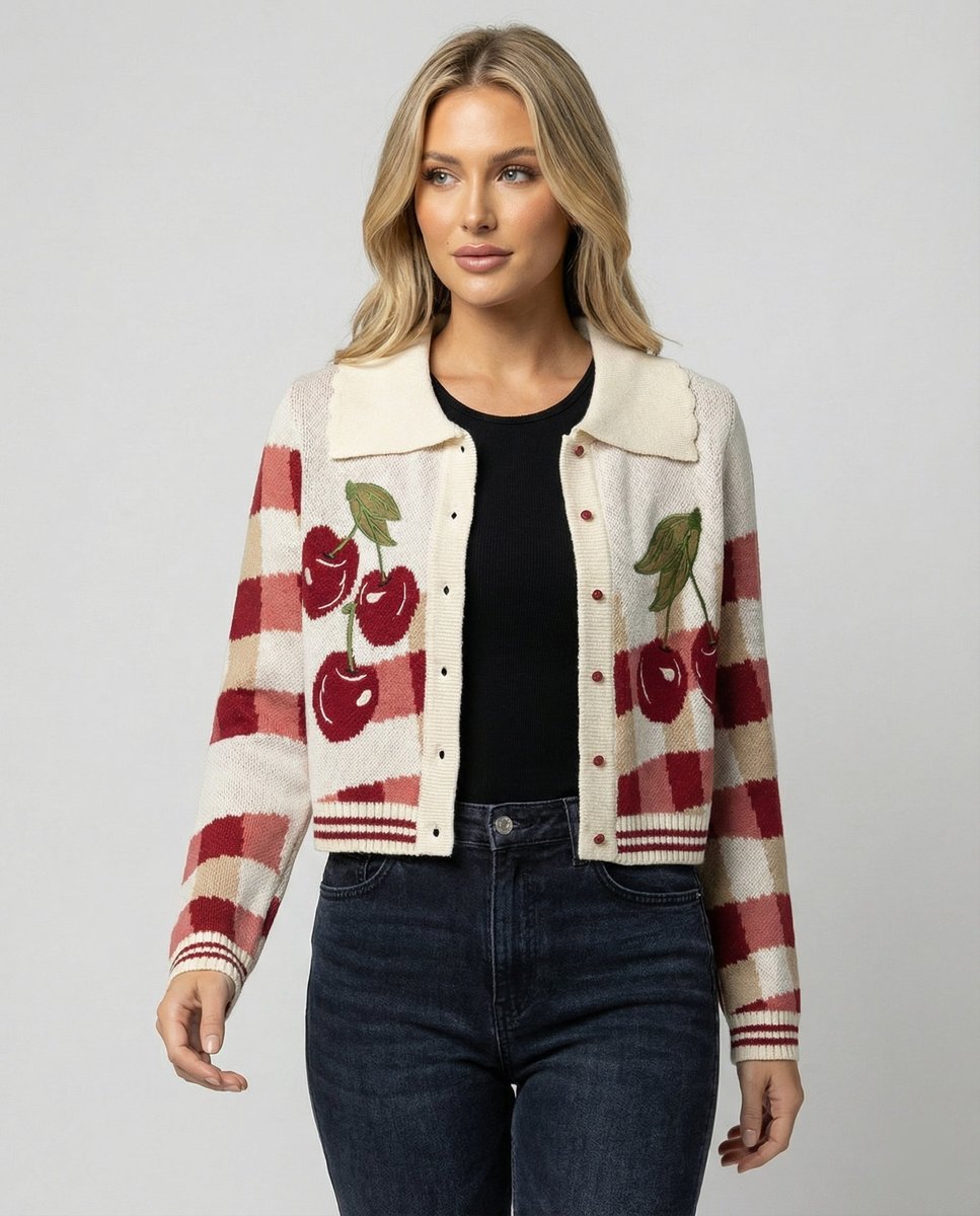 Ella Cropped Gebreide Winterjas met Ruitprint