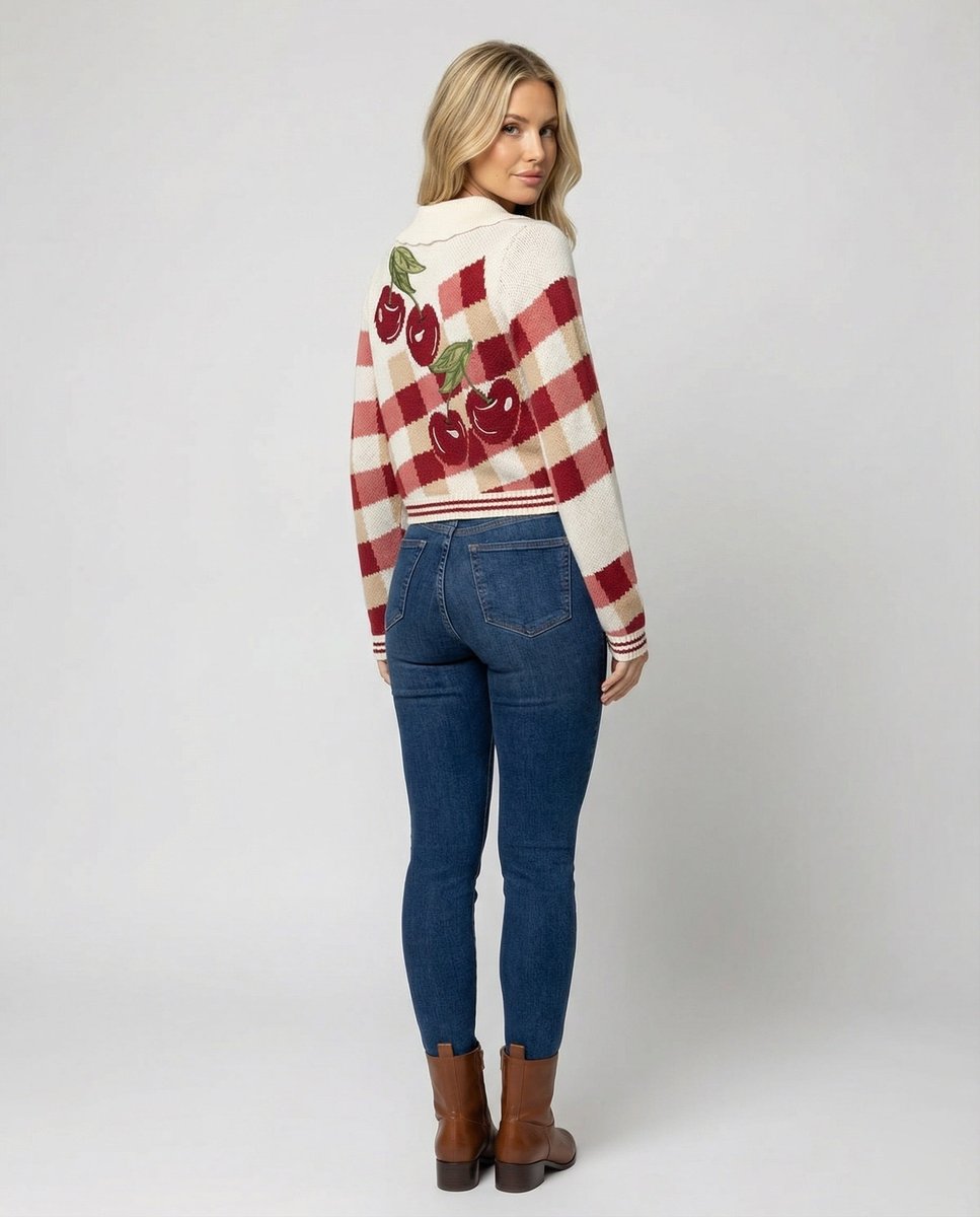 Ella Cropped Gebreide Winterjas met Ruitprint