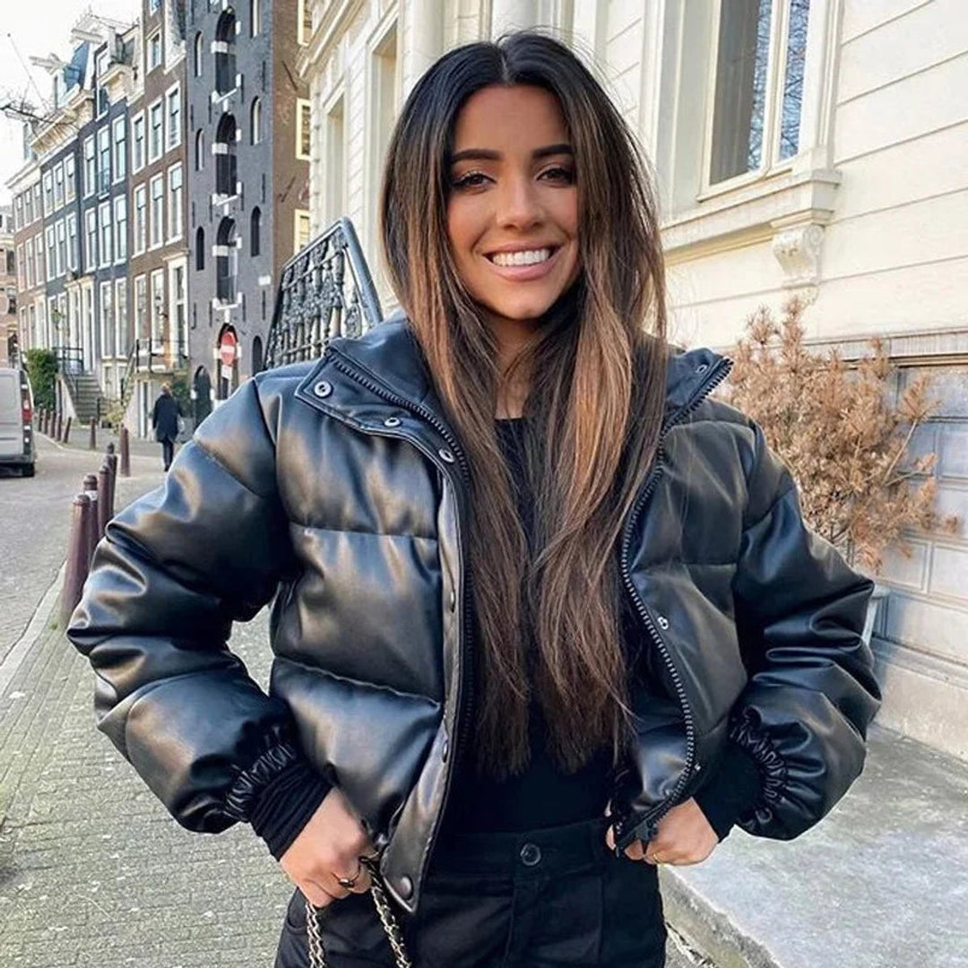 Sienna Cropped Leren Pufferjas met Capuchon