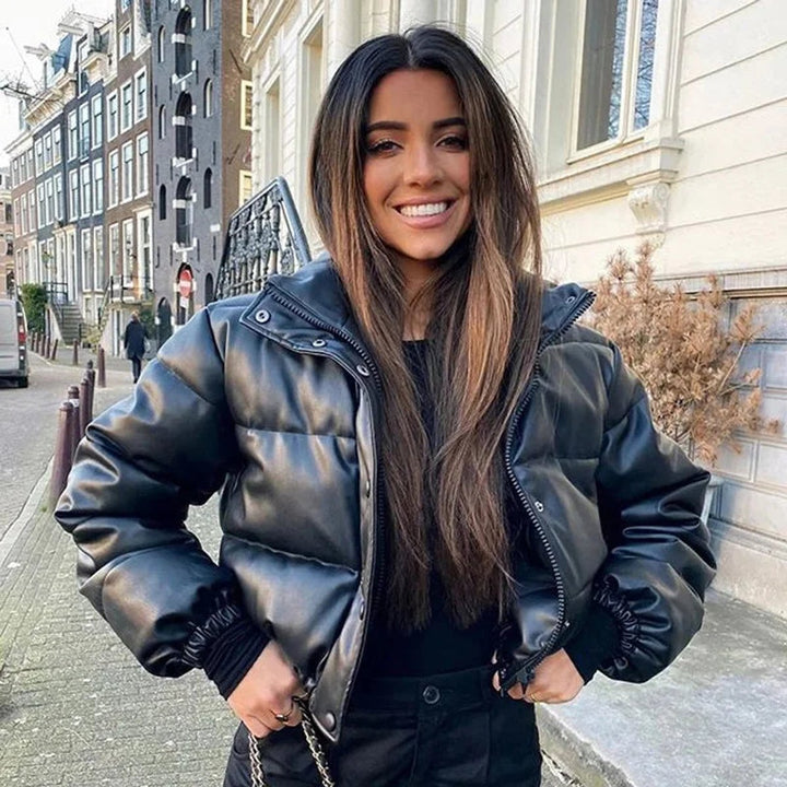Sienna Cropped Leren Pufferjas met Capuchon