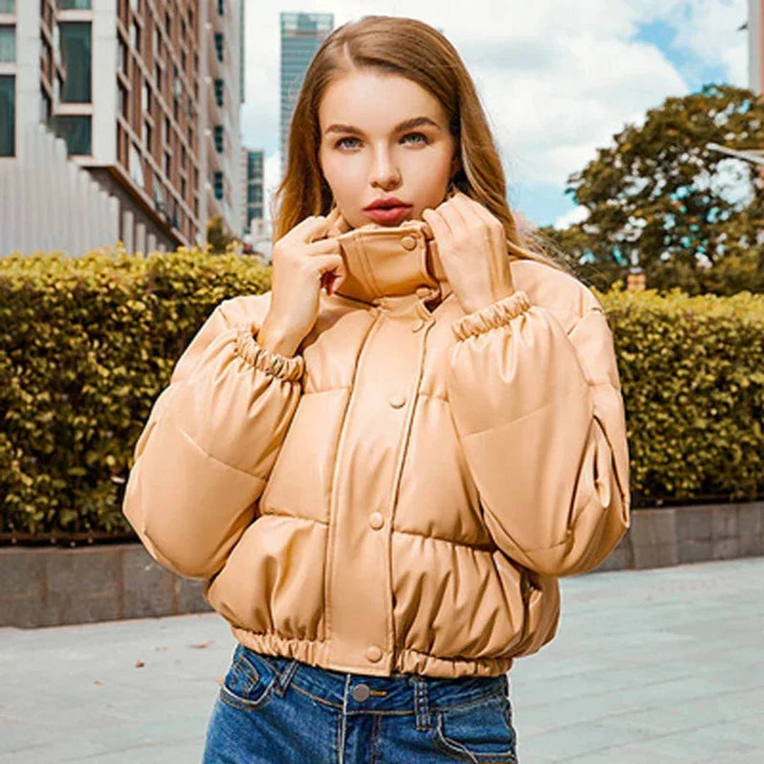 Sienna Cropped Leren Pufferjas met Capuchon