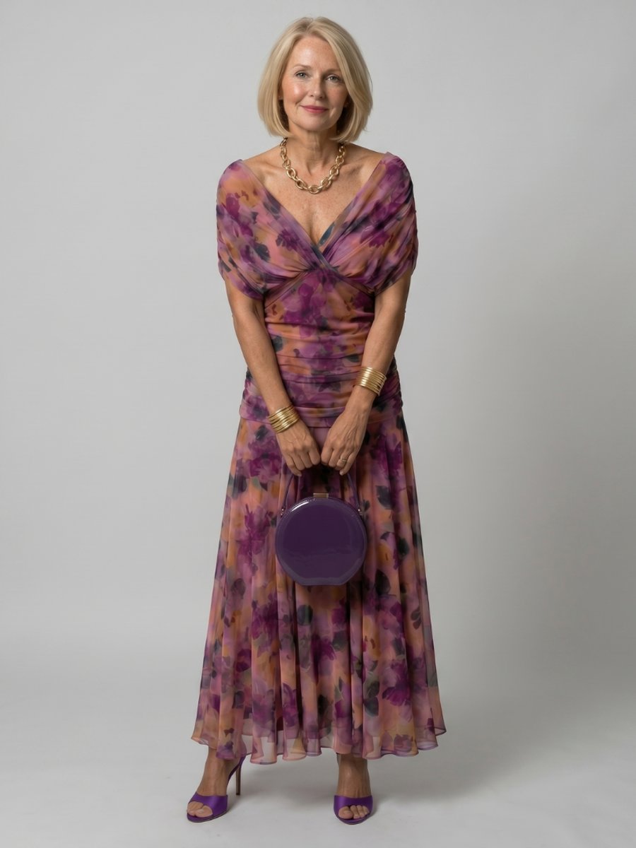 Ivy Chiffon Feestjurk met Bloemenprint