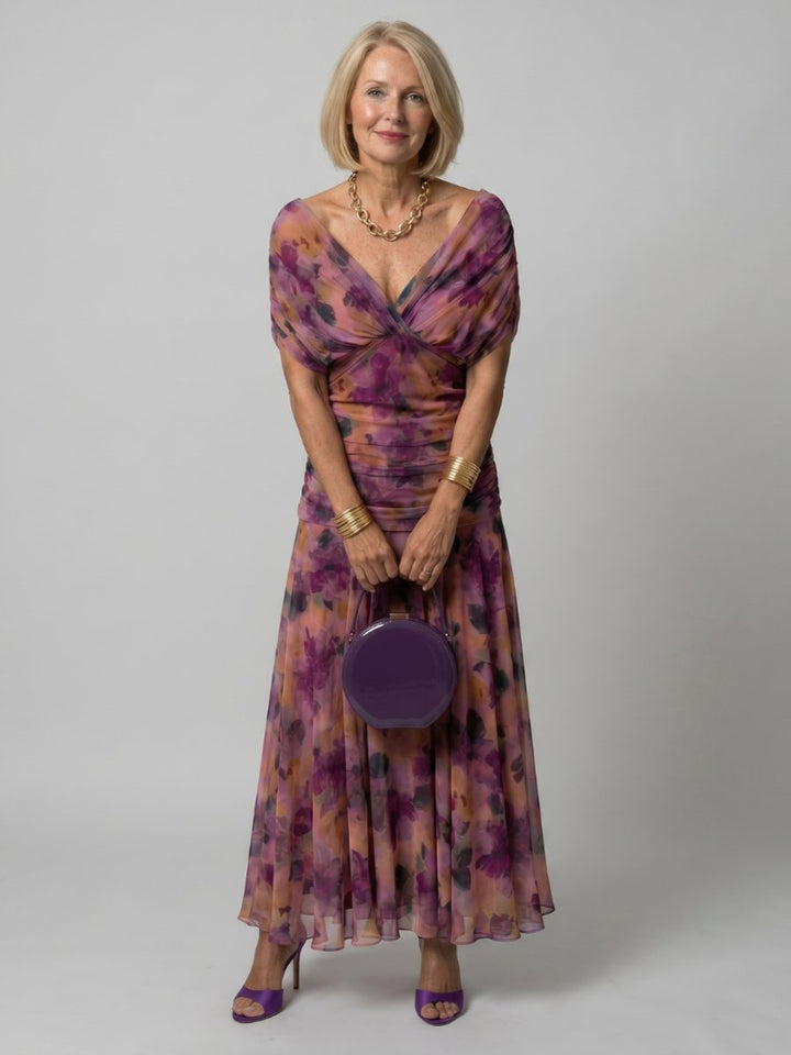Ivy Chiffon Feestjurk met Bloemenprint