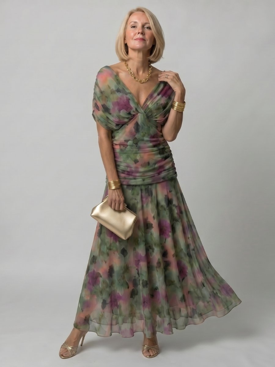 Ivy Chiffon Feestjurk met Bloemenprint