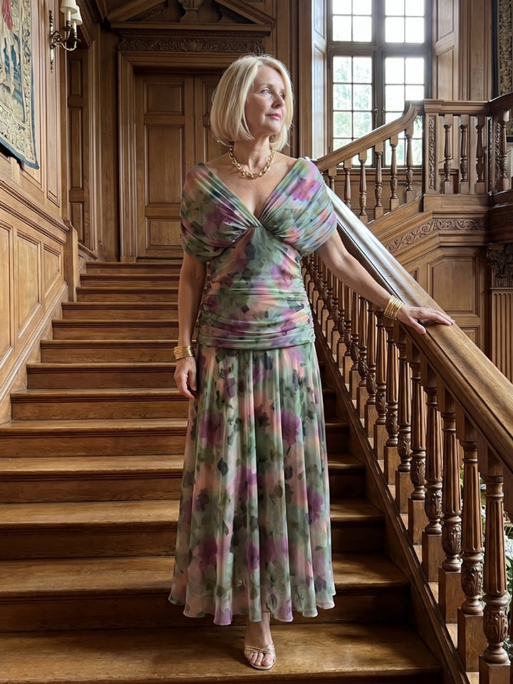 Ivy Chiffon Feestjurk met Bloemenprint