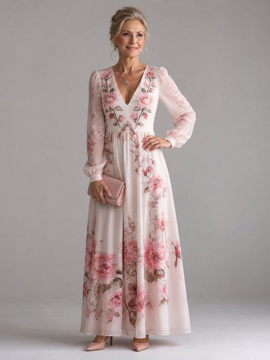 Ivy Lange Chiffon Jurk met Bloemenprint