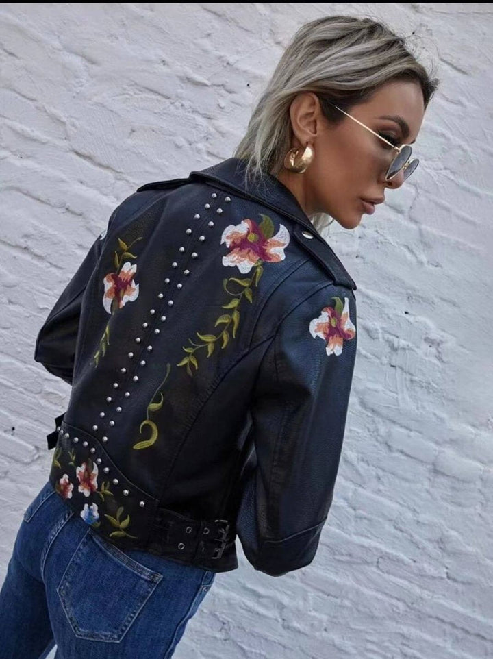 Willow Leren Jas met Borduurwerk