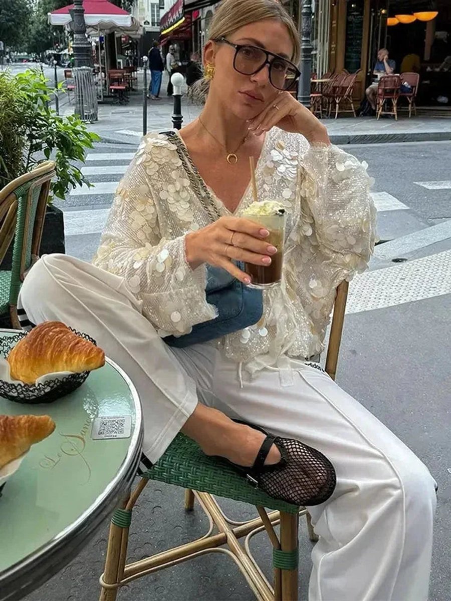 Mia Lange Pailletten Blouse met Wikkeldetail