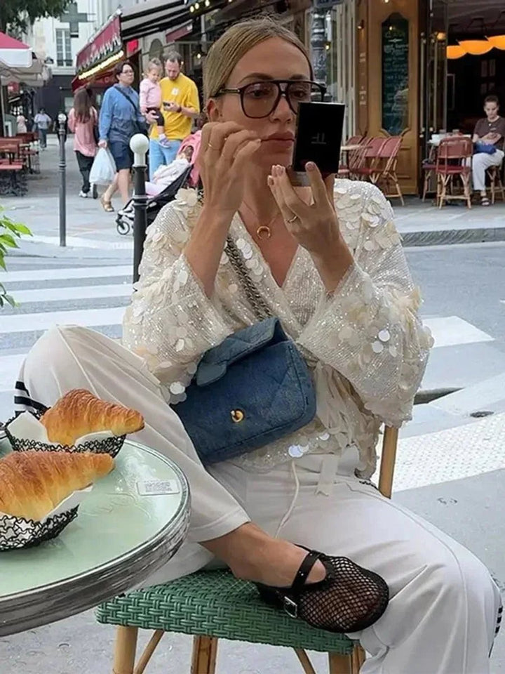 Mia Lange Pailletten Blouse met Wikkeldetail