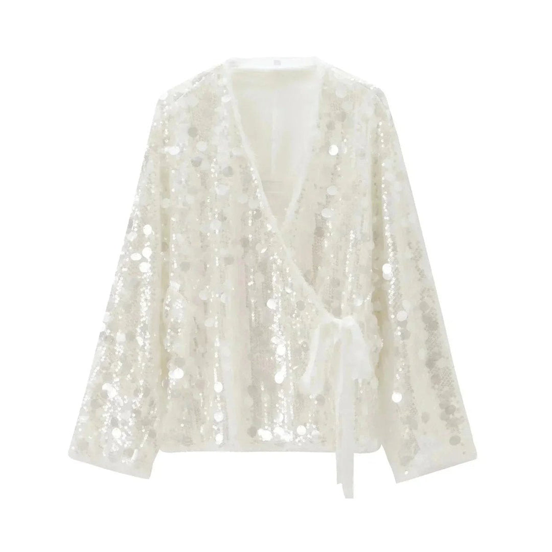 Mia Lange Pailletten Blouse met Wikkeldetail