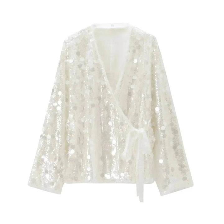 Mia Lange Pailletten Blouse met Wikkeldetail