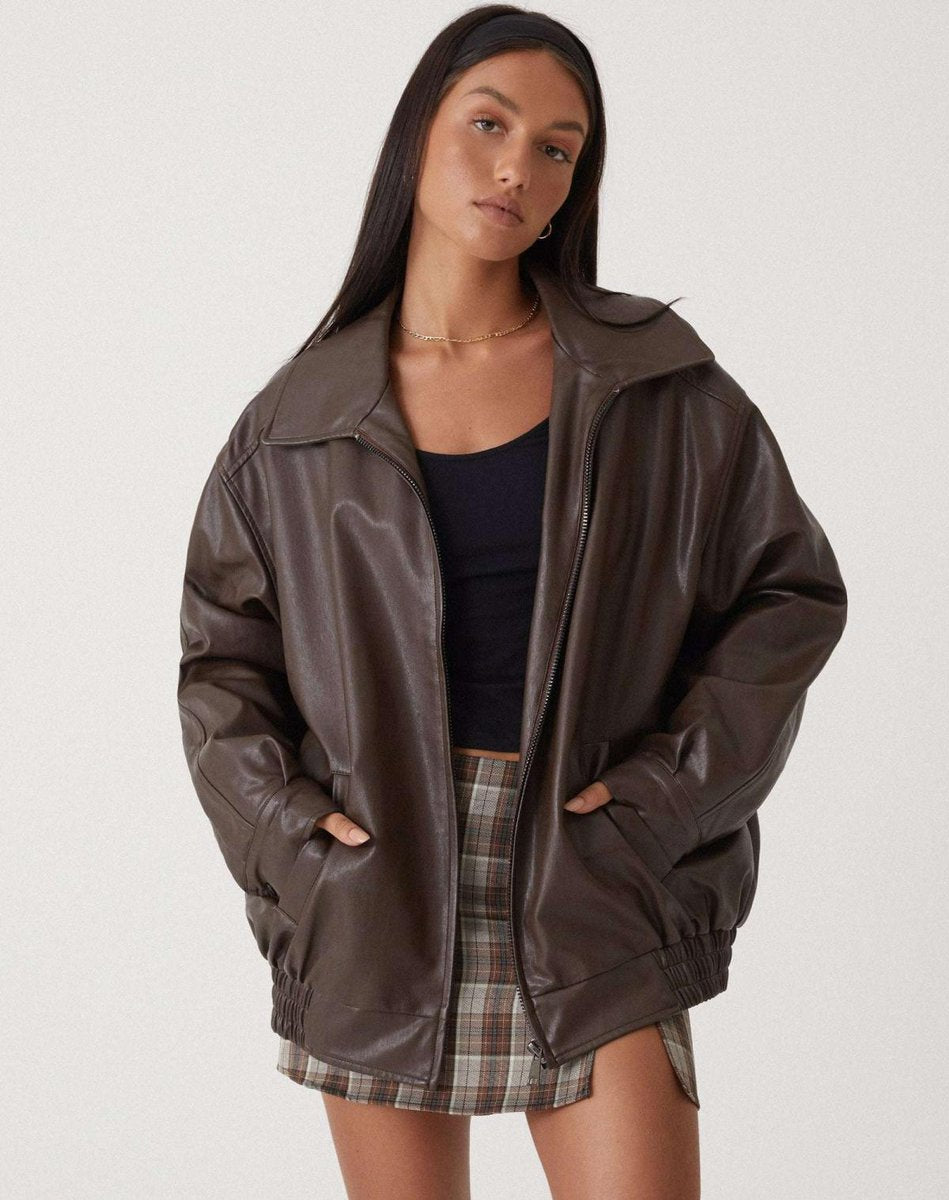 Olivia Leren-look Bomberjas met Ritssluiting