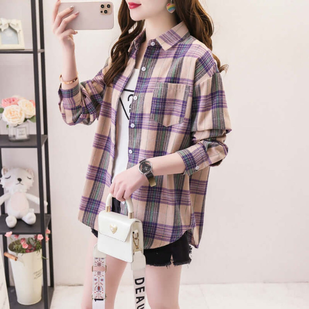 Willow Lange Denim Blouse met Ruitprint