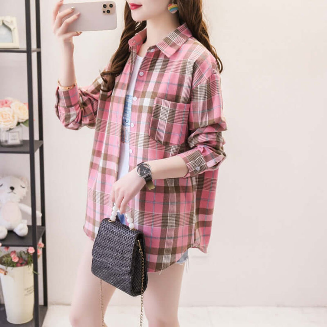Willow Lange Denim Blouse met Ruitprint