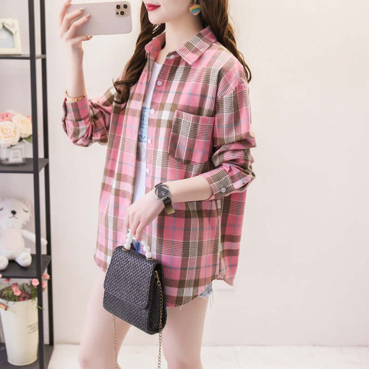 Willow Lange Denim Blouse met Ruitprint
