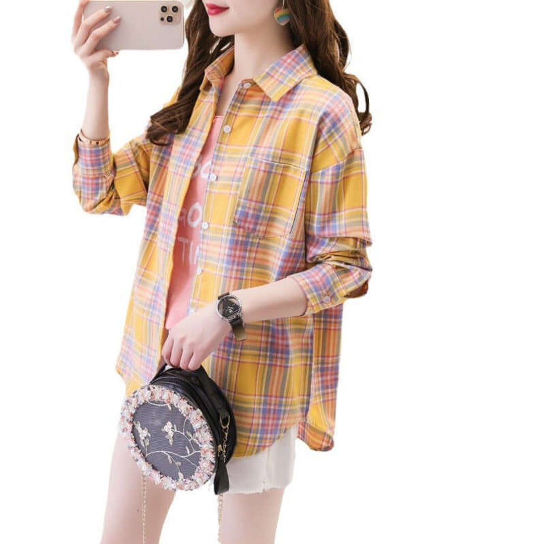Willow Lange Denim Blouse met Ruitprint