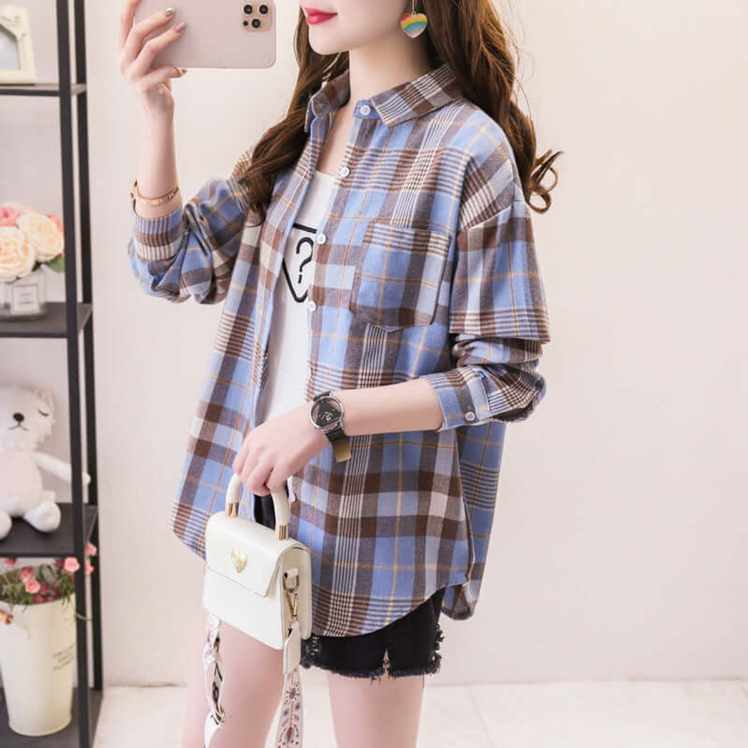 Willow Lange Denim Blouse met Ruitprint