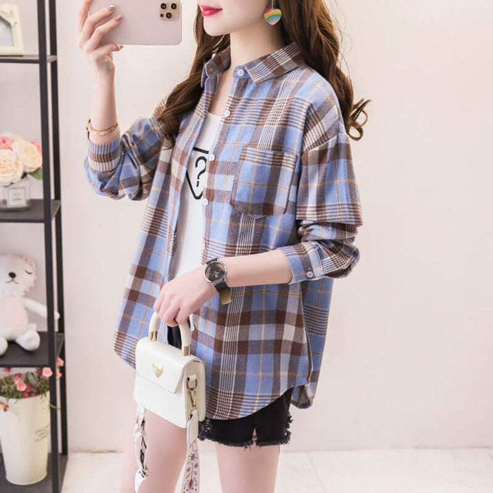 Willow Lange Denim Blouse met Ruitprint